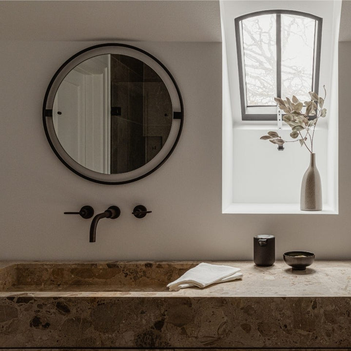 AUDO Copenhagen Nimbus Mirror, 110cm, Bronzed Brass by Audo Copenhagen - Looking to the way in which a picture or a painting is framed, the Copenhagen-based design studio Krøyer-Sætter-Lassen investigated how an entire frame could surround a mirror withou