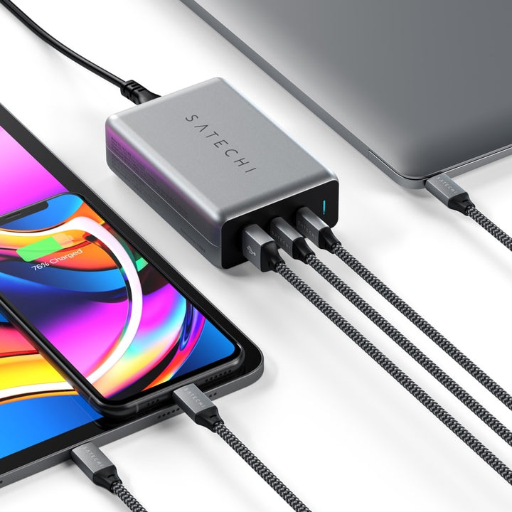 Satechi 100W USB-C PD GaN Compact Charger Upgrade to next-gen charging with the Satechi 100W USB-C PD Compact GaN Charger, featuring powerful Gallium nitride (GaN) technology for a noticeably faster, more efficient charge. Equipped with dual USB-C PD port