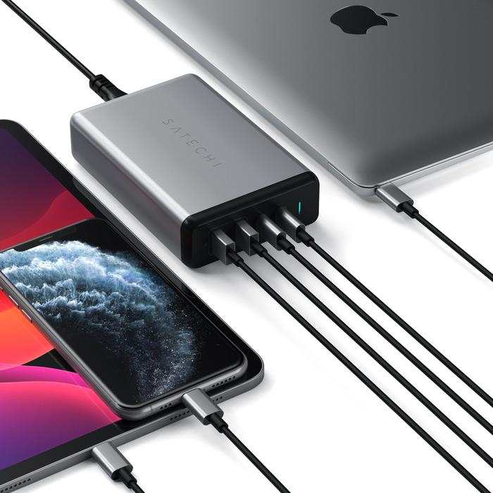 Satechi 108W Pro USB-C PD Desktop Charger (Space Grey) Upgrade to pro power with the Satechi 108W Pro USB-C PD Desktop Charger. Featuring dual USB-C Power Delivery ports, 90W and 18W, to charge even your most power-hungry Type-C devices at full speed - wi