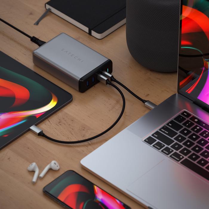 Satechi 108W Pro USB-C PD Desktop Charger (Space Grey) Upgrade to pro power with the Satechi 108W Pro USB-C PD Desktop Charger. Featuring dual USB-C Power Delivery ports, 90W and 18W, to charge even your most power-hungry Type-C devices at full speed - wi