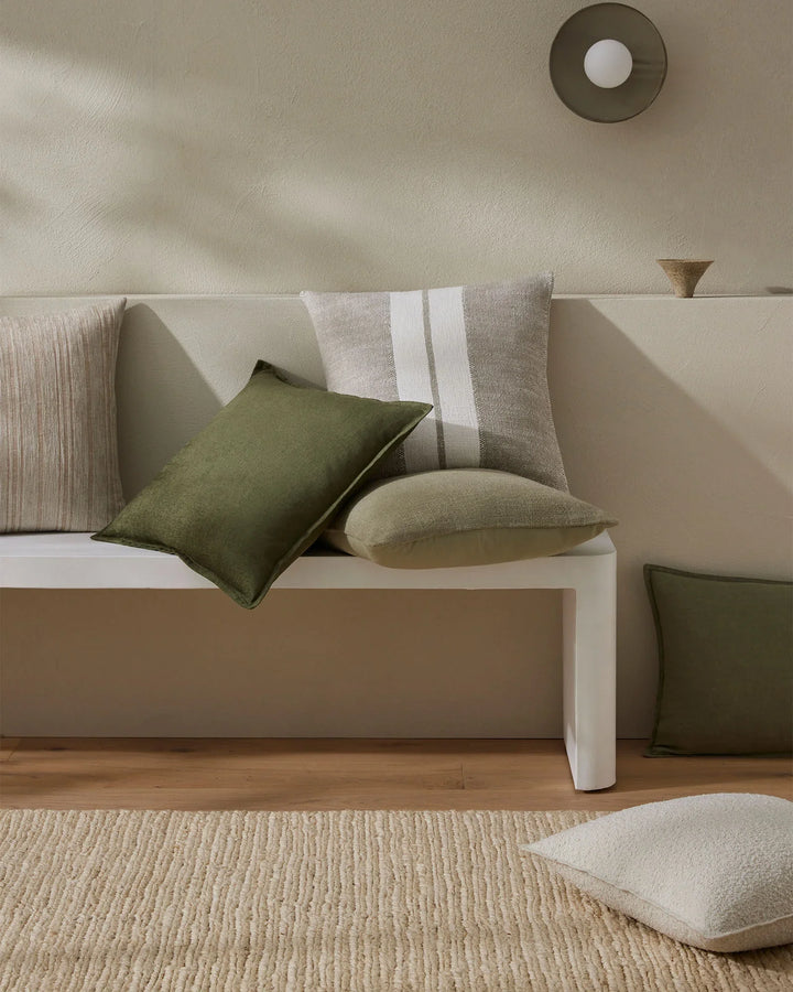 Domenica Sage With a soft, vintage feel, Domenica is a plain linen blend cushion with a chunky texture featured on one side. In seven on-trend colours, the shade Sage brings a soft, olive hue for a natural look. With a woven raw-look yarn, Domenica is a r
