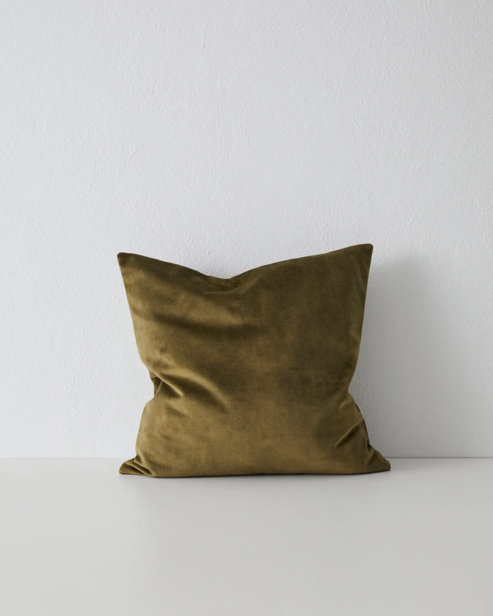 Ava Moss Cushion - Luxurious Velvet Look Discover Ava Moss in antique olive, featuring a rich velvet-like texture. Available in 20+ colors, this low-maintenance cushion is a bestseller!