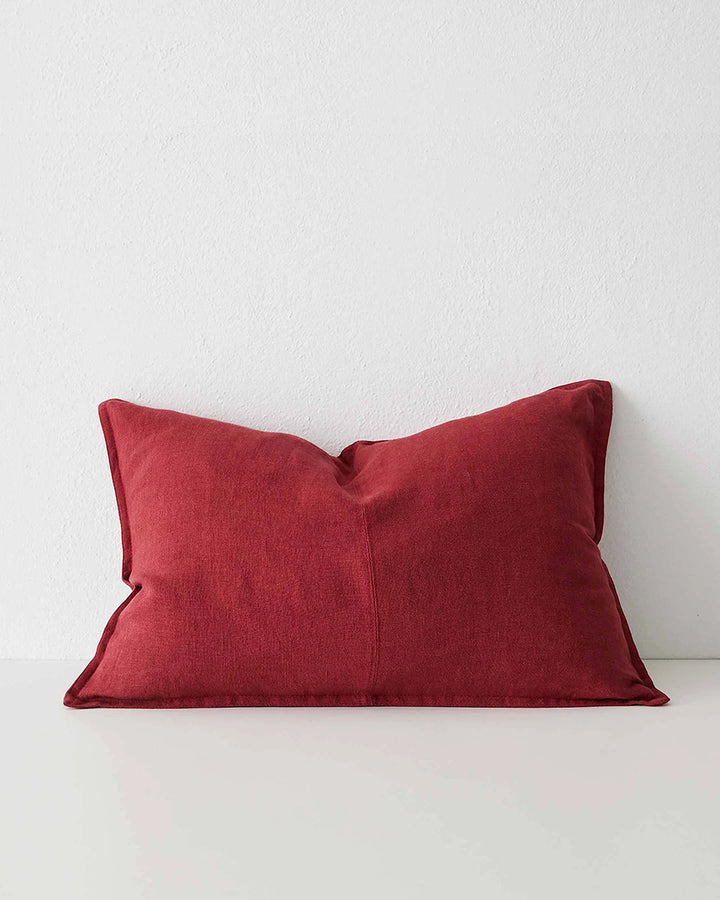 Como Rhubarb Cushion - Stylish European Linen Discover the Como Rhubarb cushion, a vibrant red linen piece with double stitch seams for a soft, luxurious feel.