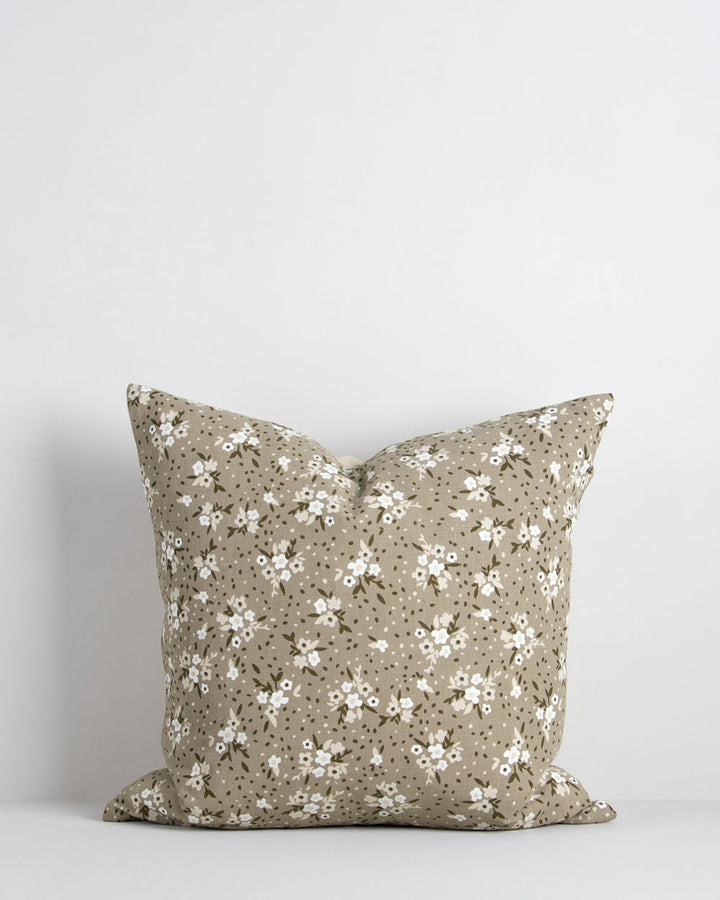 Aria Cushion Vintage cottage charm is reinterpreted for modern living with our Aria cushion. Delicate florals in soft hues of cocoa, almond on a sage come together in an inviting and comforting aesthetic. Pair with our Mia Cushion to create contemporary,