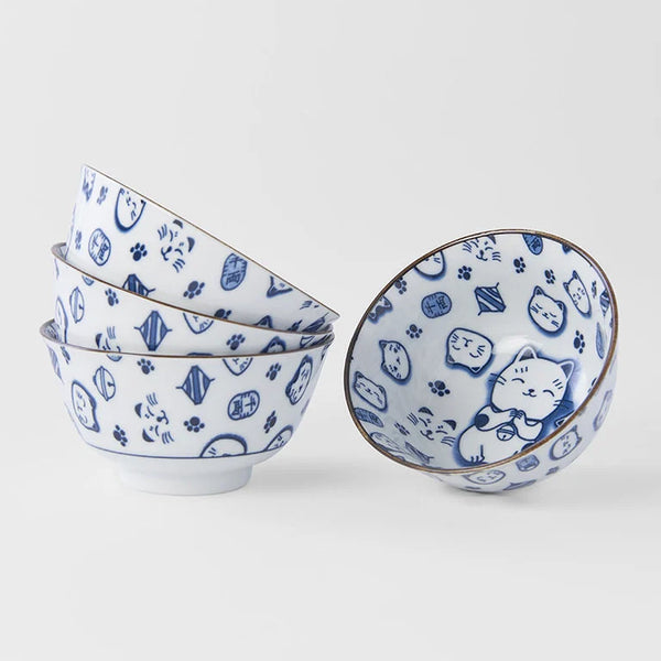 Bowl Set 13cm / Blue Maneki Cat Design