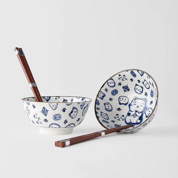 Bowl Set 15cm / Blue Maneki Cat Design