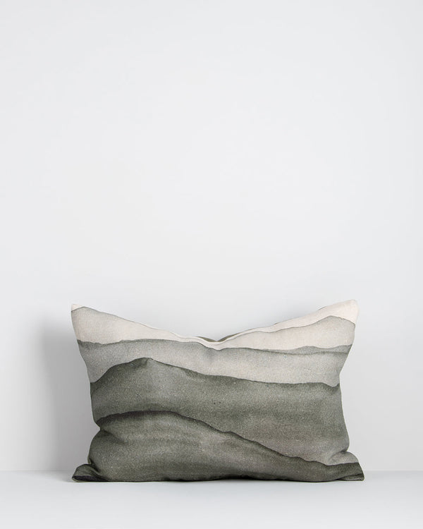 Aurelia Cushion Invite the landscape inside with the evocative hand-painted design of Aurelia. Topographical forms are captured in a serene colour palette that creates a sense of calm and promotes wellbeing. Pair with neutral, sage, and winter moss tones.