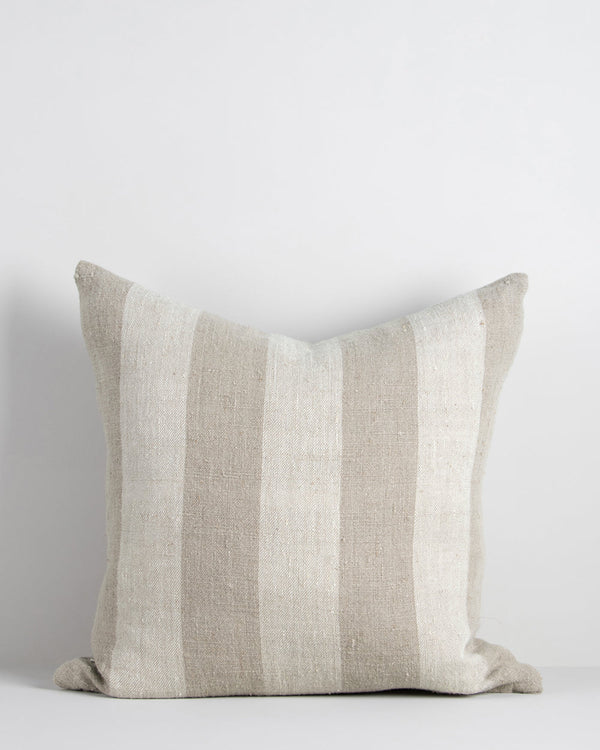 Bannockburn Cushion Create a calming, nurturing space with a modern take on coastal style. Perfect for summer, our Bannockburn cushion brings breezy and timeless style to interiors. Handwoven in a rich, textural linen, this design features a wide linear s