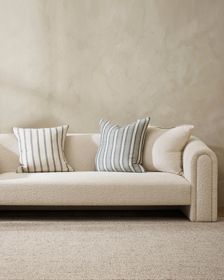 Brighton Cushion Create a timeless and inviting aesthetic with the simplicity of our Brighton cushion. Handwoven in a blend of natural fibres, tones of ash, slate, and ivory come together in a contemporary take on a classic stripe design. Australian Stock