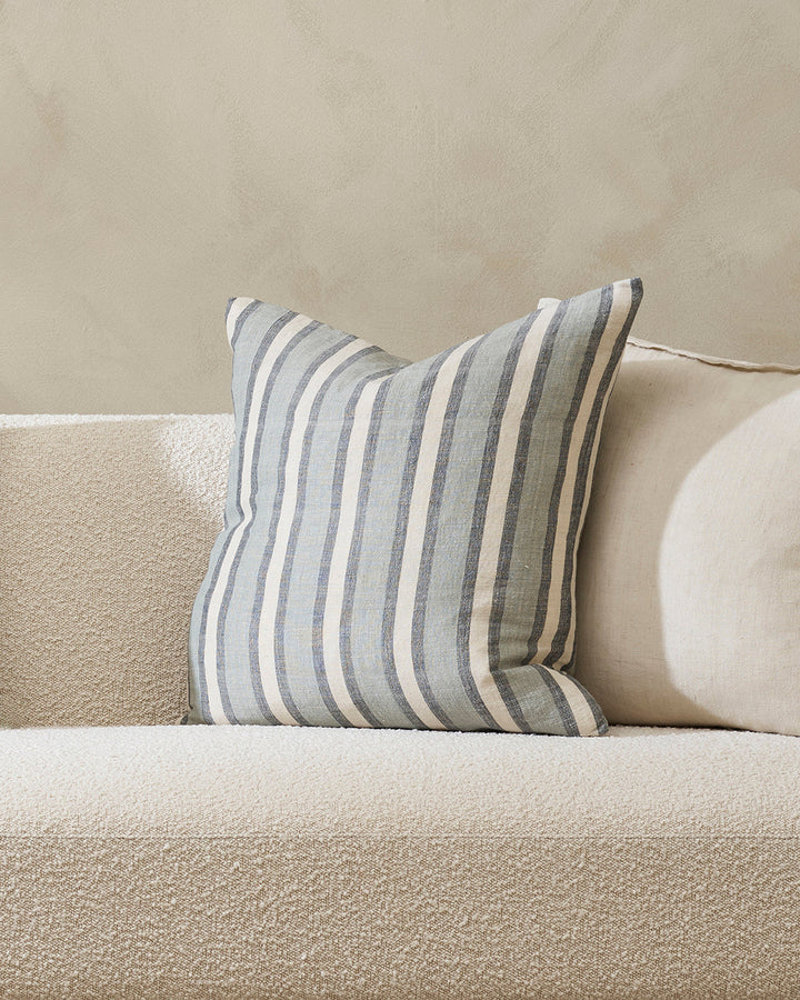 Brighton Cushion Create a timeless and inviting aesthetic with the simplicity of our Brighton cushion. Handwoven in a blend of natural fibres, tones of ash, slate, and ivory come together in a contemporary take on a classic stripe design. Australian Stock