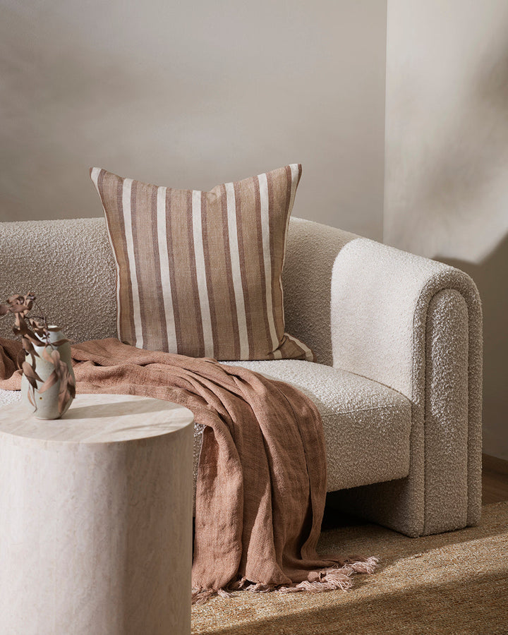 Brighton Cushion Create a timeless and inviting aesthetic with the simplicity of our Brighton cushion. Handwoven in a blend of natural fibres, tones of ash, slate, and ivory come together in a contemporary take on a classic stripe design. Australian Stock