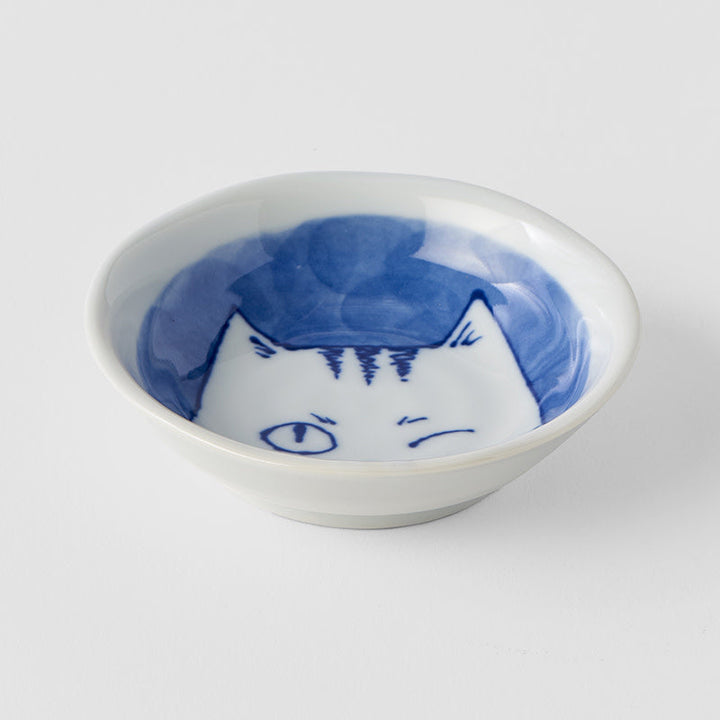10cm bowl featuring a whimsical winking cat design in blue and white, perfect for serving snacks or as decorative homeware.