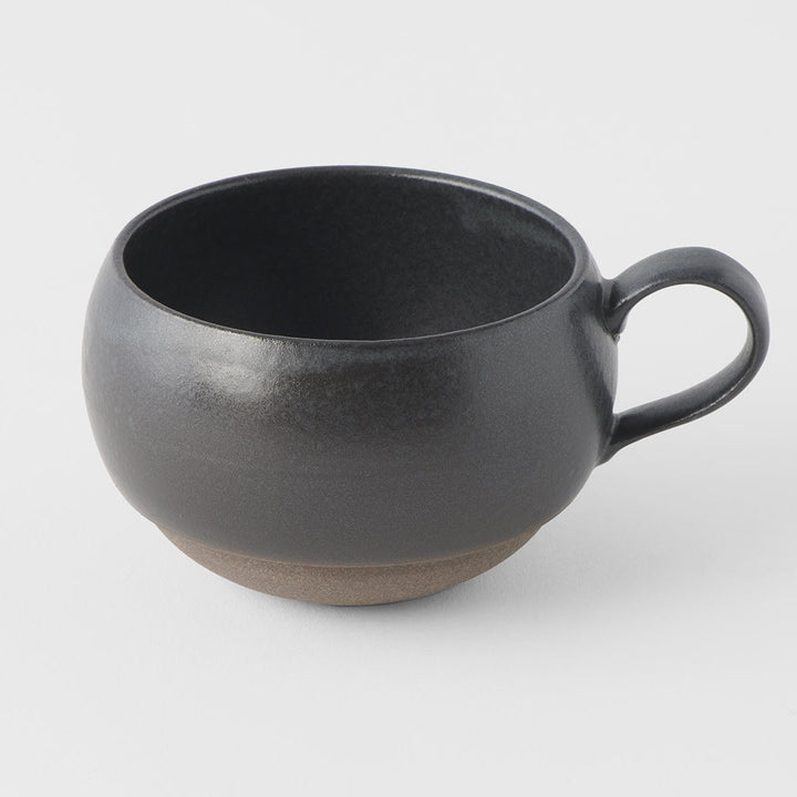 Black glaze sphere mug with handle, 300ml capacity, artisan-crafted for tea and coffee.