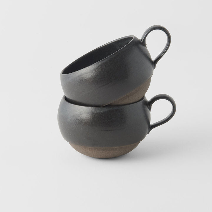 Stacked sphere mugs with handles, 300ml black glaze, artisan tableware from Mr Marunaka's family kiln.
