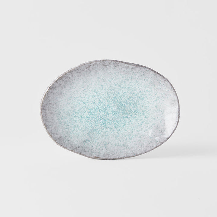 Oval Ceramic Plate in Aqua Splash Blue Glossy with Irregular Rim