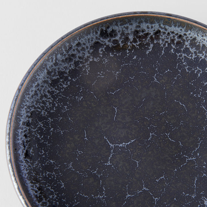 Tapas Plate, 17 cm, Minoyaki Porcelain, Black Pearl Gloss & Matte Glaze, Cyan Accents 