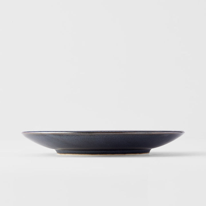 Tapas Plate, 17 cm, Minoyaki Porcelain, Black Pearl Gloss & Matte Glaze, Cyan Accents 