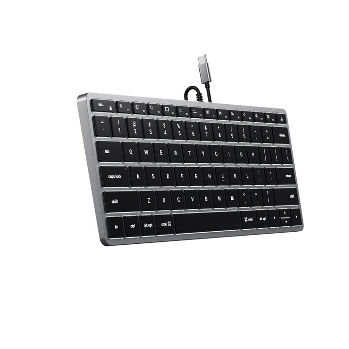 Satechi Slim W1 Wired USB-C Backlit Keyboard (Space Grey) The Slim W1 Wired Backlit Keyboard is your modern, compact solution to upgrading your Mac setup. Featuring a full QWERTY layout, convenient function keys, and adjustable backlit keys, all with a ha