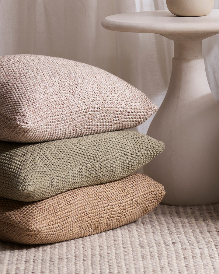 Devon Cushion Retreat into the comfort of this beautifully textured, organic cotton knit cushion. A classic and versatile accessory to any room, the soft texture and calming sage tone offers an unparalleled sense of warm, inviting style. Australian Stock