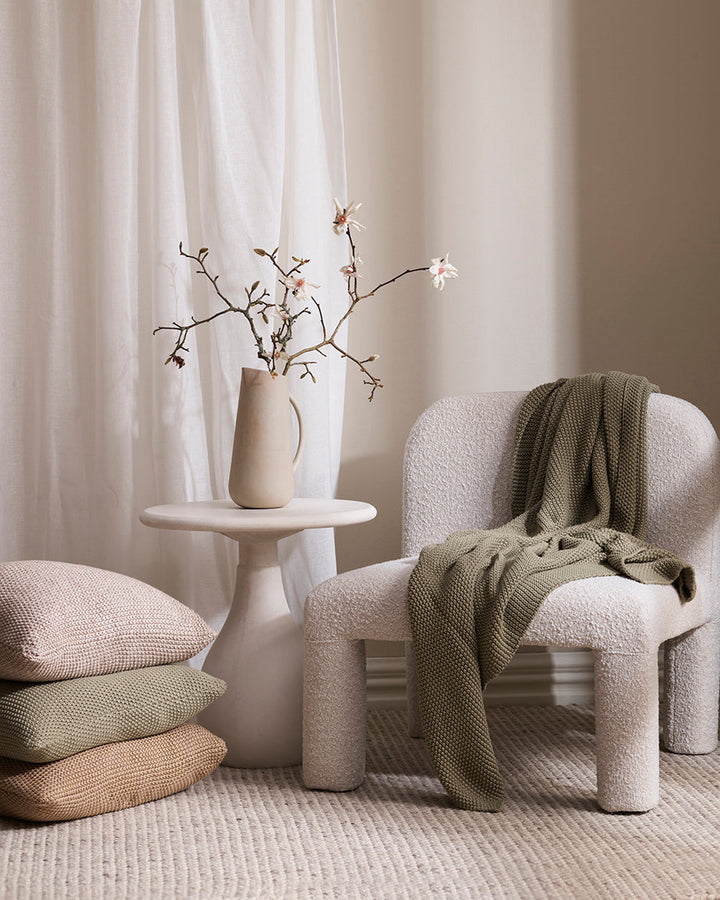 Devon Cushion Retreat into the comfort of this beautifully textured, organic cotton knit cushion. A classic and versatile accessory to any room, the soft texture and calming sage tone offers an unparalleled sense of warm, inviting style. Australian Stock