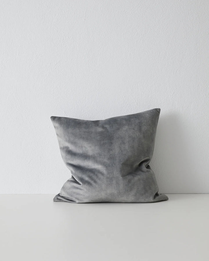 Ava Steel Cushion - Luxurious Velvet Comfort Discover the Ava Steel cushion in smoky-grey, featuring a soft, velvet-like texture. Elevate your decor with this must-have essential.