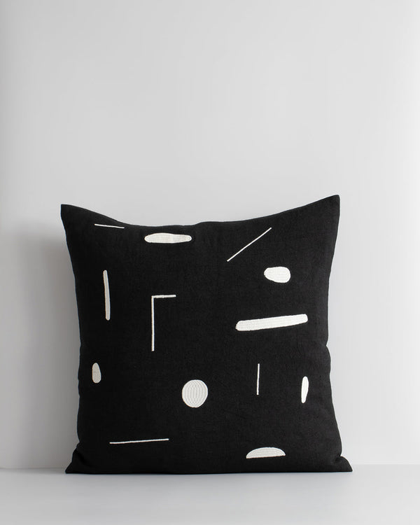 Emile Cushion Expressive, purposeful design meets our desire for stylish, contemporary living in this Joan Miro inspired design. With a nod to contemporary monochrome, minimal shapes are embroidered onto a pure linen base for a refined yet dramatic look.