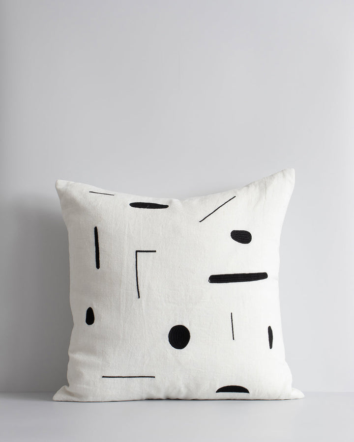 Emile Cushion Expressive, purposeful design meets our desire for stylish, contemporary living in this Joan Miro inspired design. With a nod to contemporary monochrome, minimal shapes are embroidered onto a pure linen base for a refined yet dramatic look.