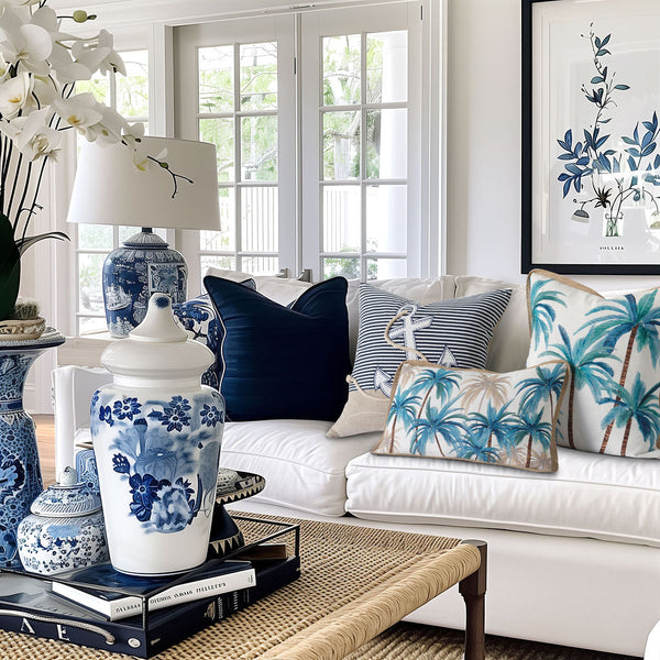 Palmy Blue Mirage 50x50 100% Cotton. Printed. Lattice Edging.