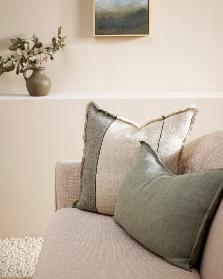 Frankton Cushion Country charm is given a contemporary twist with the raw fringing and understated texture of our Frankton cushion. Crafted from thick, textural linen, an asymmetric stripe design creates a modern take on this classic style. Australian Sto