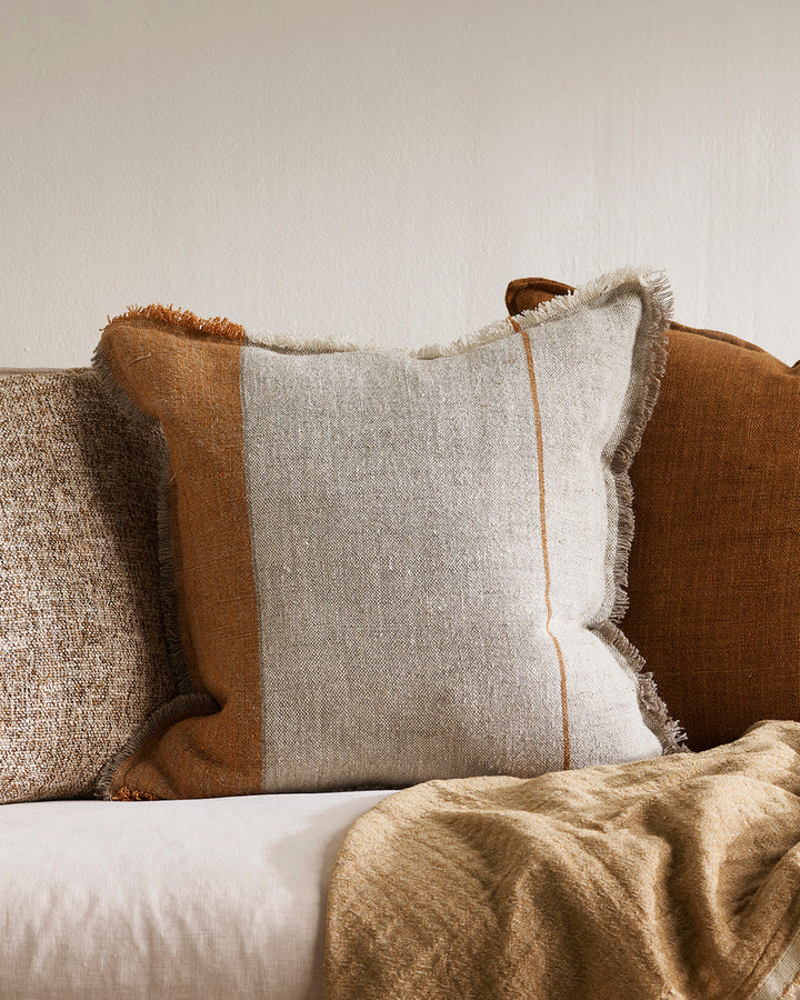 Frankton Cushion Country charm is given a contemporary twist with the raw fringing and understated texture of our Frankton cushion. Crafted from thick, textural linen, an asymmetric stripe design creates a modern take on this classic style. Australian Sto