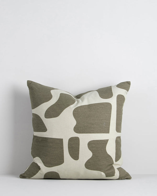 Harper Cushion A fun, geometric piece, Harper takes inspiration from bold 1950's patterns. Hand-cut forms are screen-printed in olive onto a soft, cotton-linen base. The double-sided design, pairs beautifully with Matteo Moss and Cyprian Oatmeal. Australi