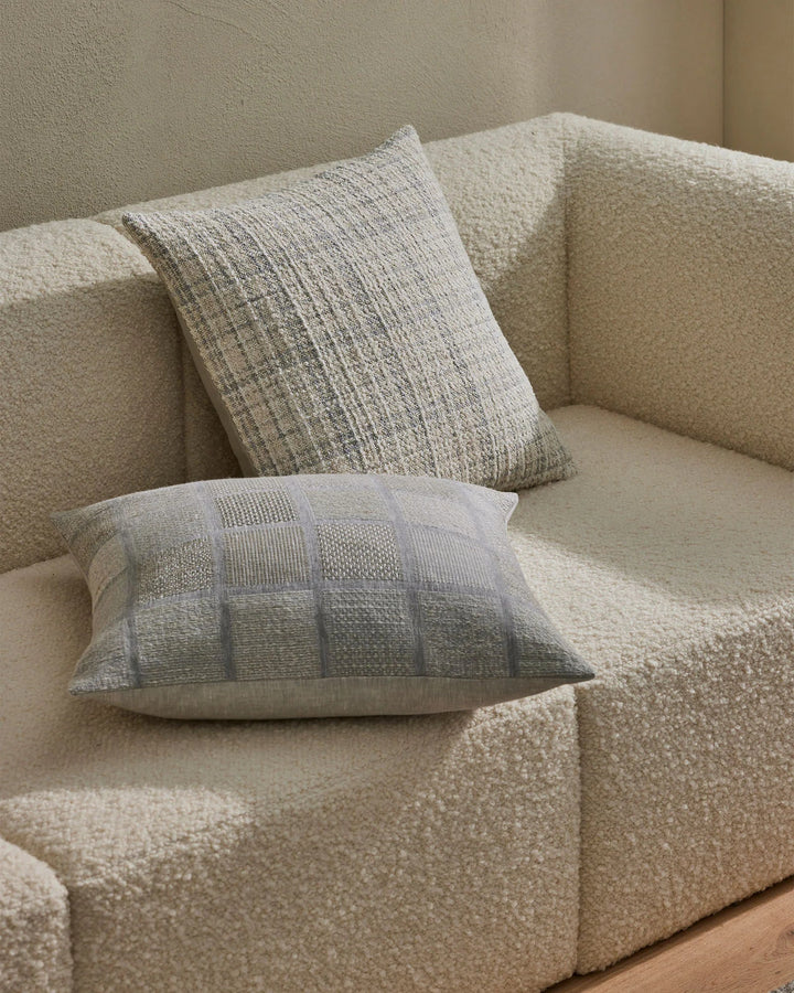 Bodrum Mist A contemporary, woven linen interpretation of a geometric checkerboard. Featuring panels of varied weave structures and subtle colour variations.The blend of soft, tonal yarns in Bodrum creates a textured feel. Colourway Mist identifies with o
