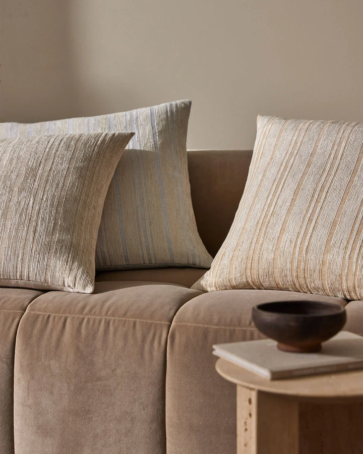 Adriana Glacier A woven mix of lustrous chenille and dry natural fibres gives Adriana a chic finish and luxe feel. A palette that heros modern, essential, on-trend hues. Glacier combines sky blue with a contrasting sandstone stripe.Timeless and classic in