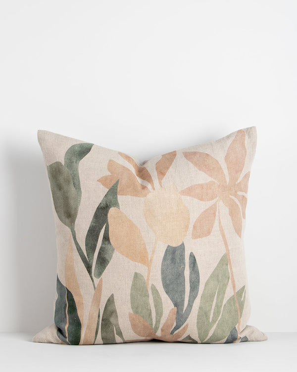 Imelda Cushion Simplified cut-outs, reminiscent of pressed botanicals, explore the interplay of form and colour in this uplifting design. Captured on a natural pure-linen base, the blush and sage tones of Imelda instil a fresh and elegant ambience to a sp