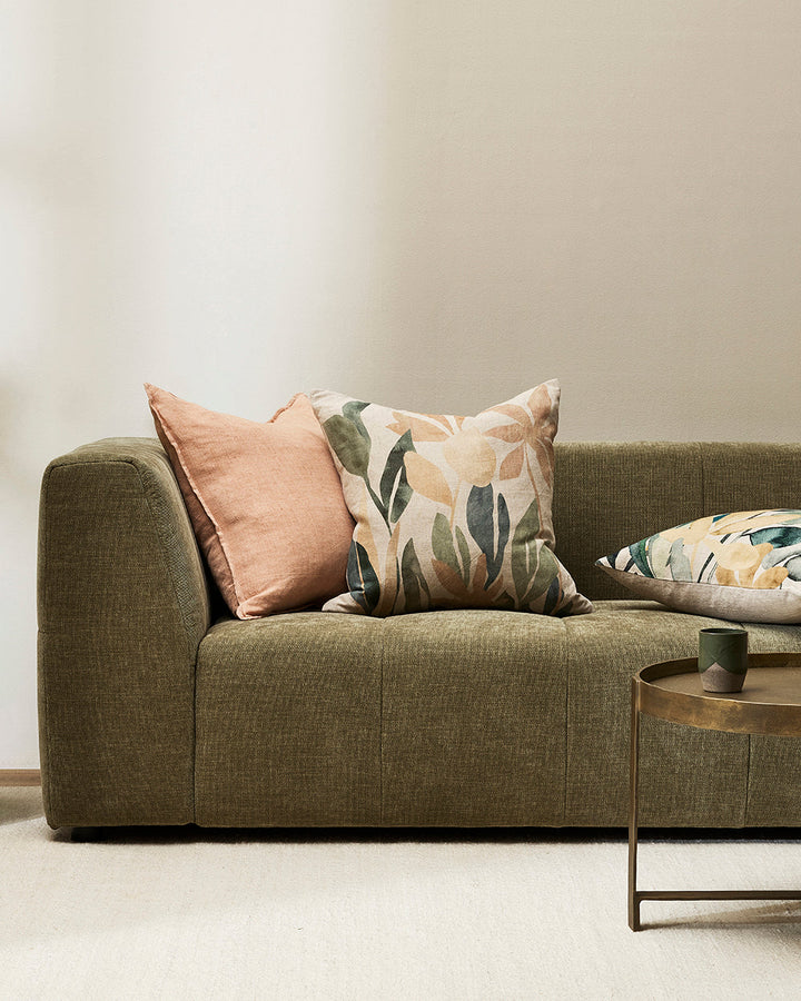 Imelda Cushion Simplified cut-outs, reminiscent of pressed botanicals, explore the interplay of form and colour in this uplifting design. Captured on a natural pure-linen base, the blush and sage tones of Imelda instil a fresh and elegant ambience to a sp