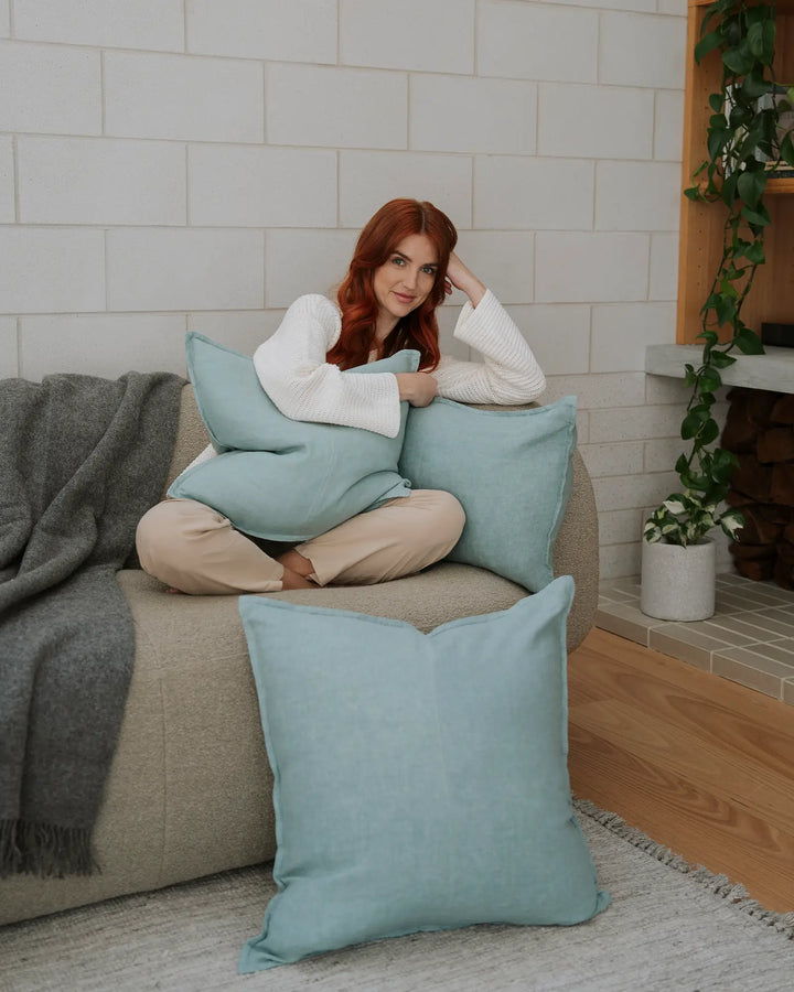 Como Mineral Premium Linen Cushion - Calming Style Elevate your space with Como Mineral, a light blue linen cushion offering softness and vintage charm. Perfect for every mood.