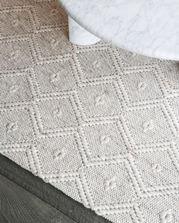 Kara Floor Rug Simplicity reigns supreme in this subtly patterned flatweave. Tightly woven from undyed wool and cotton, the neutral tone and refined pattern adds character while creating a light and relaxed feel. Australian Stock Buy at beon.com.au