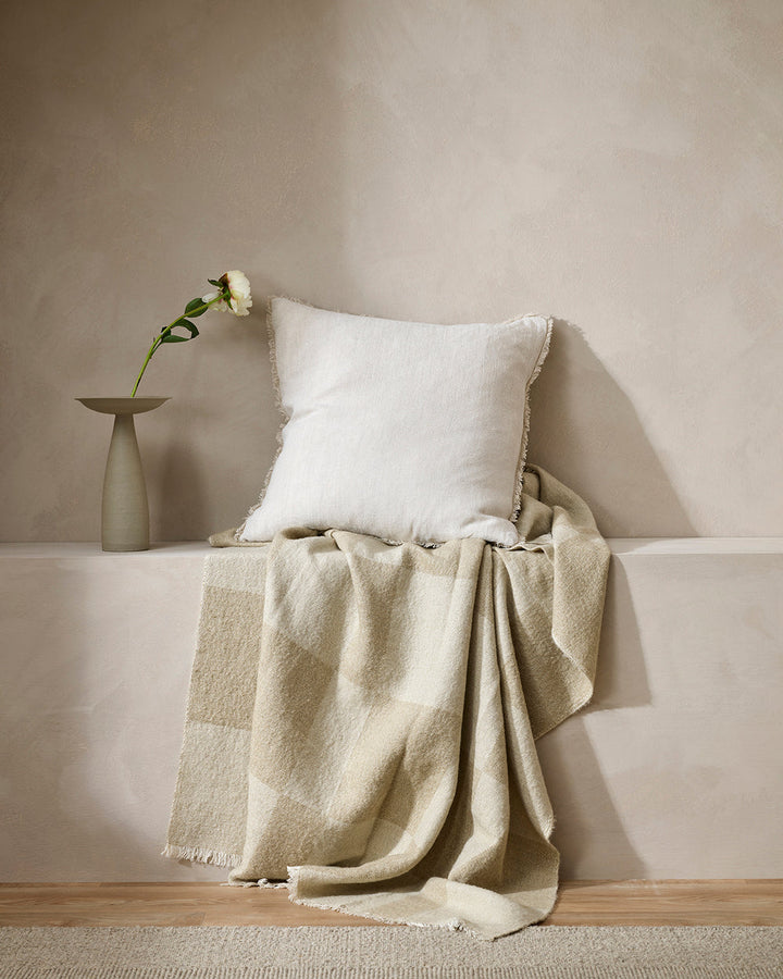 Keaton Cushion Add subtle colour to your interior with carefully woven, chambray aesthetic of the Keaton. Crafted from 100% linen, the considered two-tone texture and soft fringing makes this an ideal addition for a relaxed interior space. Australian Stoc