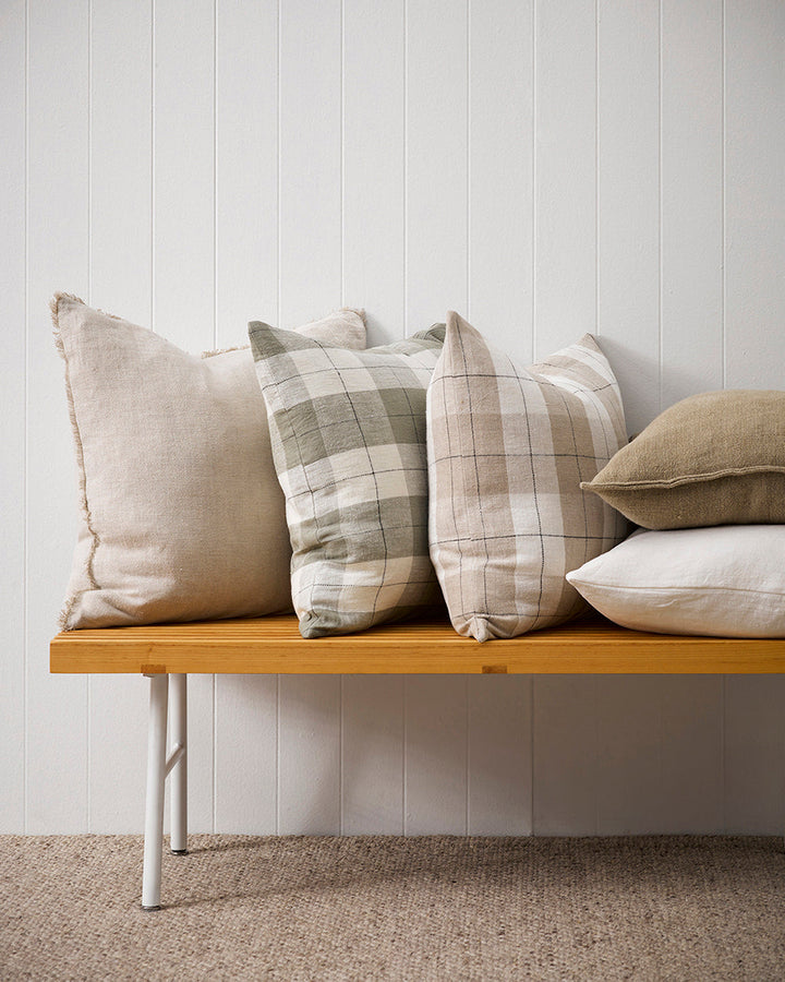 Keaton Cushion Add subtle colour to your interior with carefully woven, chambray aesthetic of the Keaton. Crafted from 100% linen, the considered two-tone texture and soft fringing makes this an ideal addition for a relaxed interior space. Australian Stoc