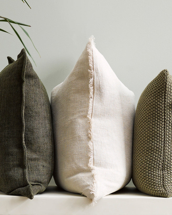 Keaton Cushion Add subtle colour to your interior with carefully woven, chambray aesthetic of the Keaton. Crafted from 100% linen, the considered two-tone texture and soft fringing makes this an ideal addition for a relaxed interior space. Australian Stoc