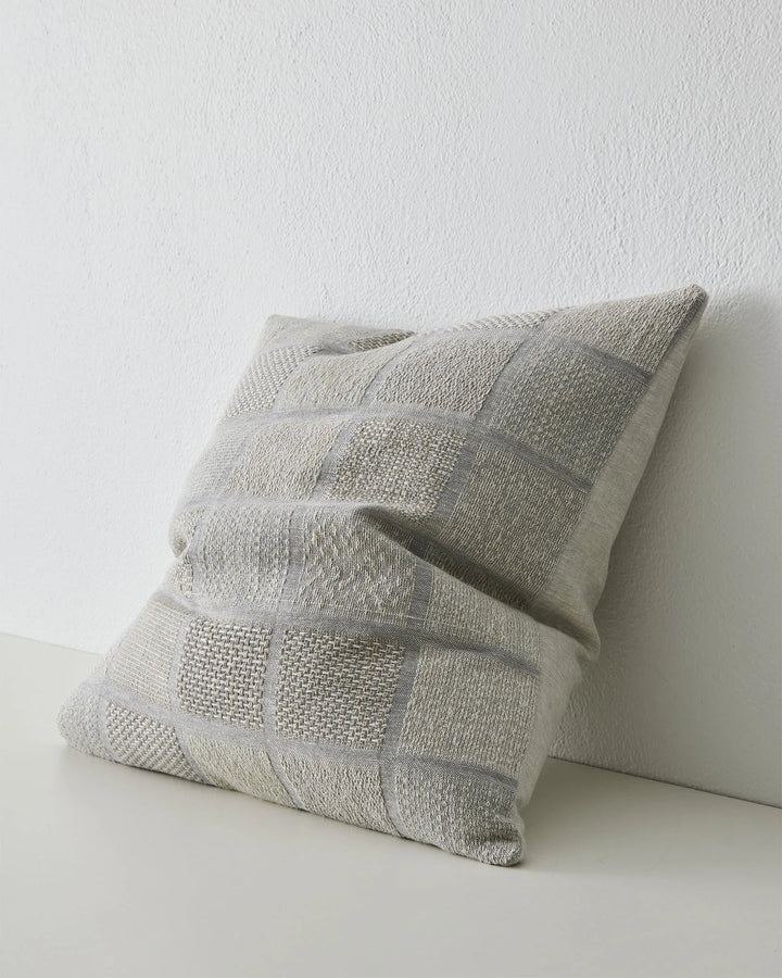 Bodrum Mist A contemporary, woven linen interpretation of a geometric checkerboard. Featuring panels of varied weave structures and subtle colour variations.The blend of soft, tonal yarns in Bodrum creates a textured feel. Colourway Mist identifies with o