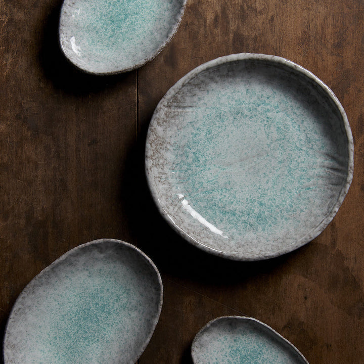 Oval Ceramic Plate in Aqua Splash Blue Glossy with Irregular Rim