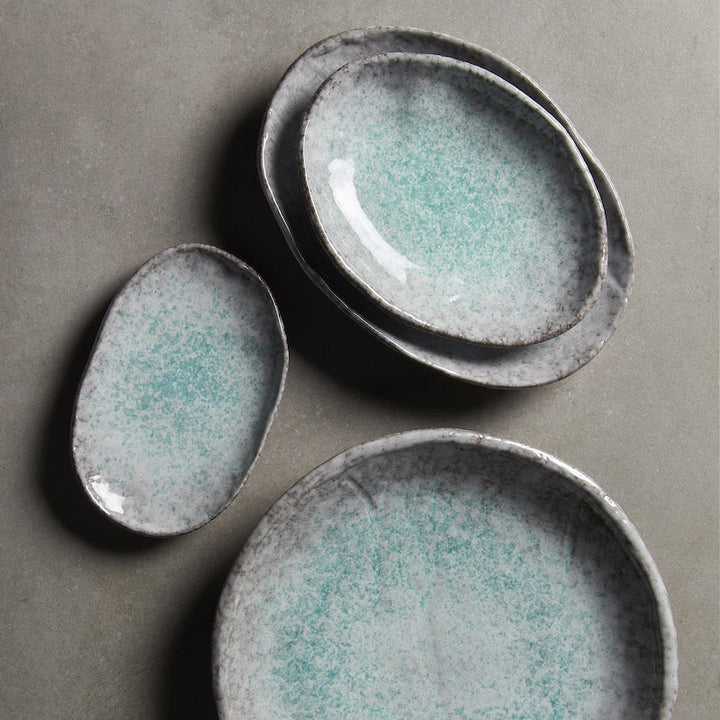 Oval Ceramic Plate in Aqua Splash Blue Glossy with Irregular Rim