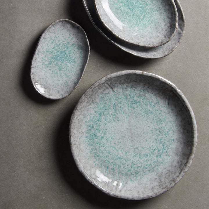 Oval Ceramic Plate in Aqua Splash Blue Glossy with Irregular Rim