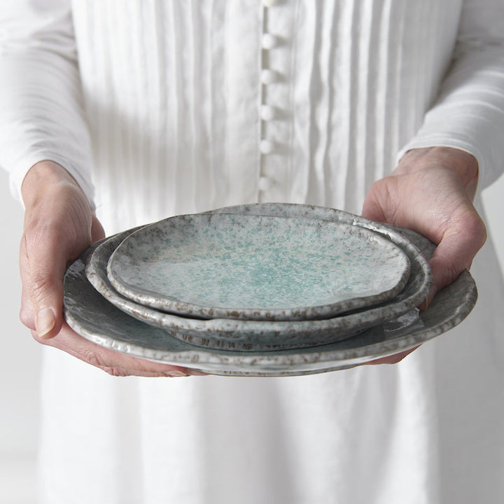 Oval Ceramic Plate in Aqua Splash Blue Glossy with Irregular Rim