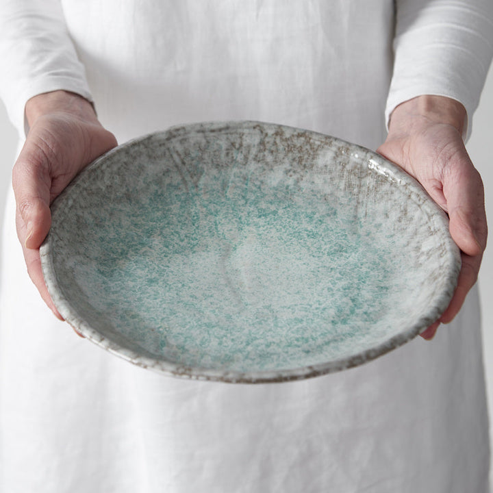 Oval Ceramic Plate in Aqua Splash Blue Glossy with Irregular Rim