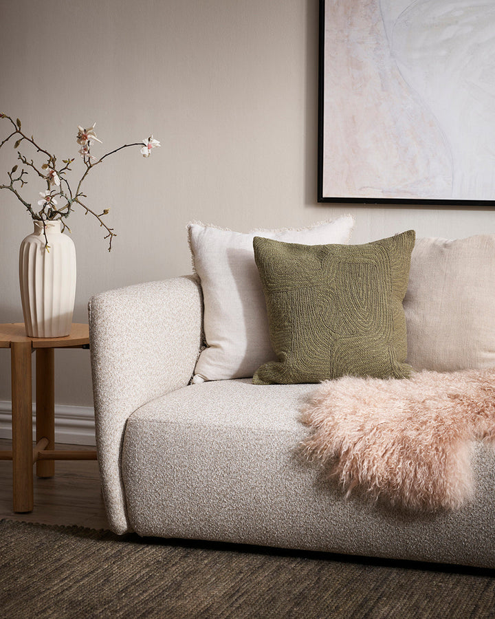 Matteo Cushion Create spaces that revive and renew through understated design and handcrafted details. Our Matteo cushion features a woven, tapestry-style fabric with tone-on-tone embroidery detailing. Versatile throughout the seasons, pairings of ivory a