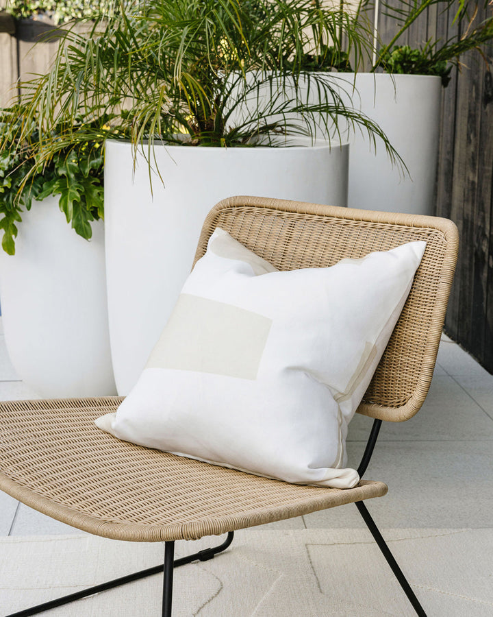 Meelan Cushion Inspired by Brutalist forms, expressive, graphic shapes are captured in beige and white in Meelan, our statement design for summer. Pair with matching Copacabana rug in bone, for a subtle, tone-on-tone look you will enjoy for years to come.