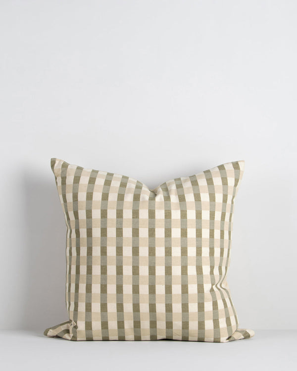 Mia Cushion Vintage cottage charm is reinterpreted for modern living with our Mia cushion. A screen-printed gingham design in shades of sage, ecru and almond creates an inviting and comforting aesthetic. Pair with our Aria Cushion for a contemporary, info
