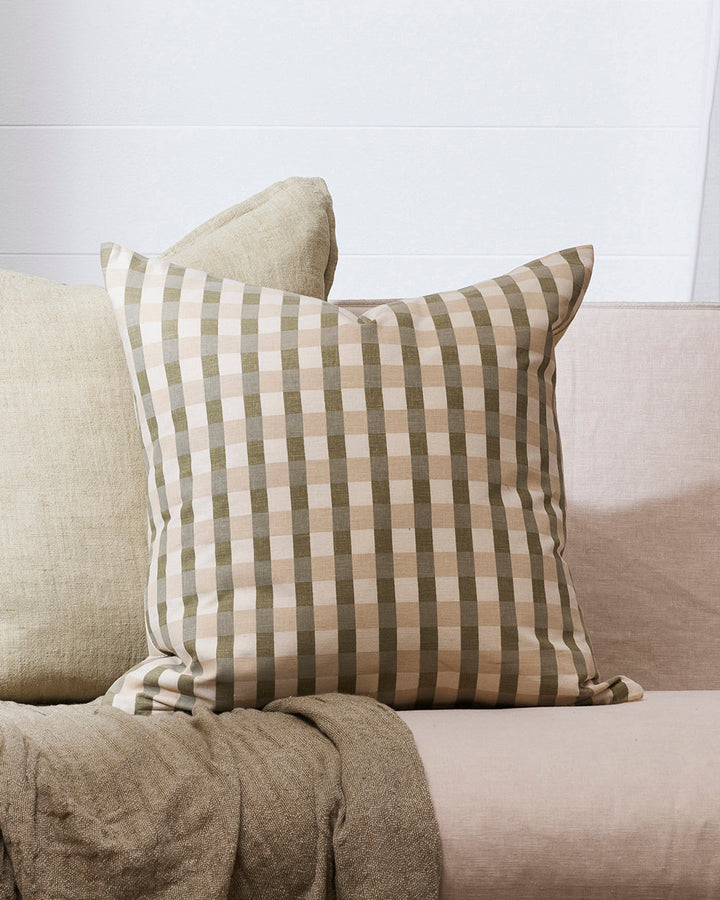 Mia Cushion Vintage cottage charm is reinterpreted for modern living with our Mia cushion. A screen-printed gingham design in shades of sage, ecru and almond creates an inviting and comforting aesthetic. Pair with our Aria Cushion for a contemporary, info